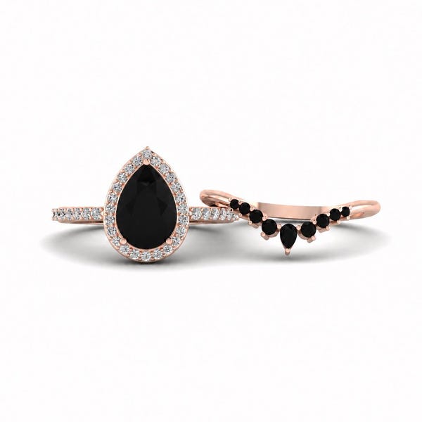 Pear Black Onyx Engagement Ring Set: Rose Gold Halo, Black Spinel Band