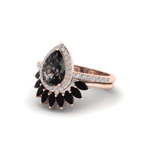 Vintage Rutilated Quartz Engagement Ring Set Black Rutilated Quartz Ring Pear Shaped Black Ring Vintage Black Stone Engagement Promise Ring