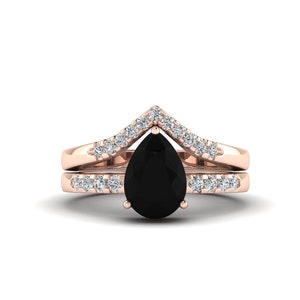 Vintage Black Onyx Engagement Ring Set Black Onyx Bridal Ring Set 14k Black Stone Wedding Ring Set Pear Black Onyx Anniversary Promise Ring