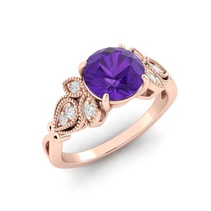 Leaf Amethyst Engagement Ring, Rose Gold Floral Ring, Amethyst Ring For Women, Leaf Engagement Ring, Vintage Floral Ring, Promise Ring