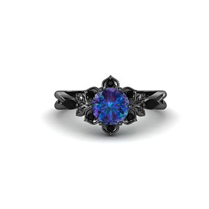 Black Gold Alexandrite Engagement Ring June Birthstone Ring 10k Alexandrite Ring Black Rhodium Engagement Ring Color Changing Gemstone Ring