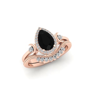 Crescent Moon Black Onyx Engagement Ring Set Rose Gold Vintage Black Stone Engagement Ring Set For Women Wedding Bridal Promise Ring For Her