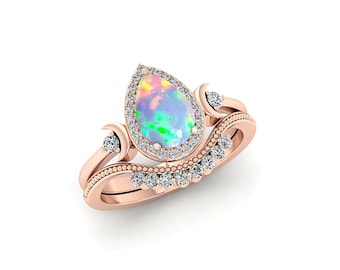 10k Rose Gold Vintage Opal Engagement Ring Set - Pear Shaped Moon Ring For Women