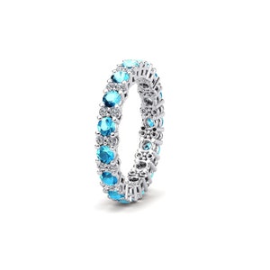 Art Deco Swiss Blue Topaz Eternity Ring, Sterling Silver Promise Ring