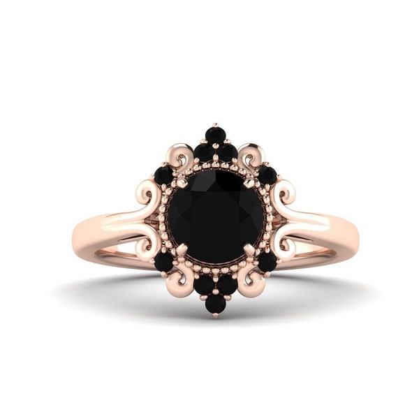 14k Rose Gold Black Onyx Engagement Ring: Filigree Vintage Ring