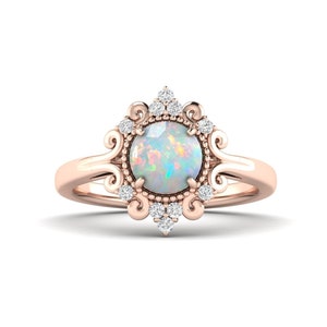 Beautiful Opal Engagement Ring Rose Gold Opal Ring For Women Art Deco Opal Bridal Wedding Ring Vintage White Opal Promise Ring Rose Gold