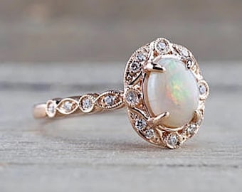 14k Australian Opal Engagement Ring Rose Gold Vintage Opal Engagement Ring Opal Promise Ring For Her Opal Wedding Ring For Women Unique Ring