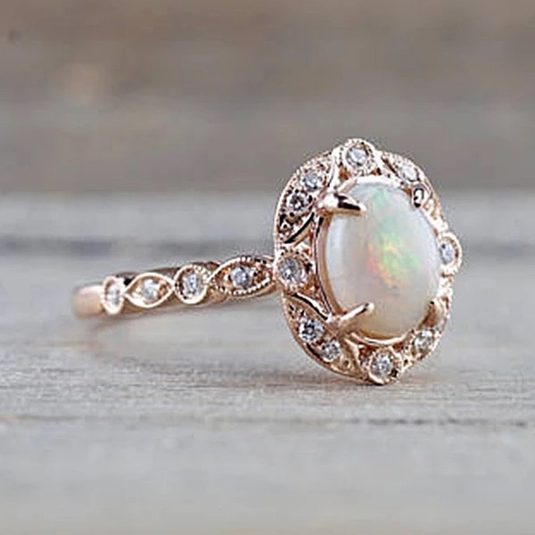 14k Australian Opal Engagement Ring Rose Gold Vintage Opal Engagement Ring Opal Promise Ring For Her Opal Wedding Ring For Women Unique Ring