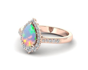 Pear Shaped Engagement Ring Pear Opal Ring Opal Ring Rose Gold Opal Engagement Ring Unique Art Deco Opal Bridal Anniversary Promise Ring