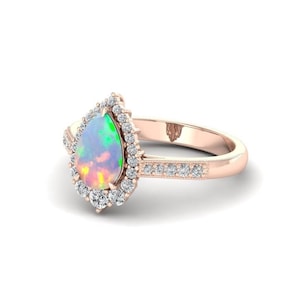 Pear Shaped Engagement Ring Pear Opal Ring Opal Ring Rose Gold Opal Engagement Ring Unique Art Deco Opal Bridal Anniversary Promise Ring