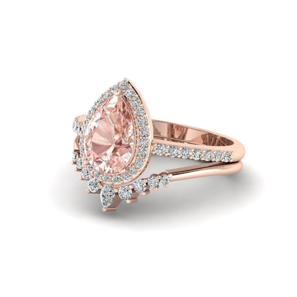Pear Morganite Ring Set: Rose Gold, Swarovski Diamonds, Vintage Wedding