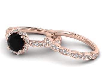 Flower Black Onyx Ring Set Black Onyx Ring Set Black Ring Set Gold Engagement Ring Set For Women Black Onyx Engagement Ring Black stone Ring