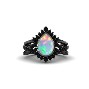 Opal Engagement Ring Set, Black Plated Anniversary Wedding Stacking Rings, Opal Ring Set, Anniversary Bridal Set, Stackable Gemstone Rings