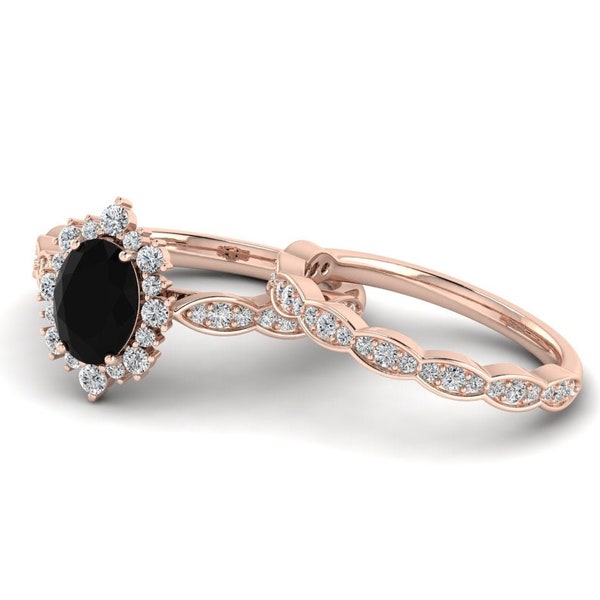 Halo Black Stone Engagement Ring Set Black Onyx Engagement Ring Rose Gold Black Onyx Ring Set Rose Gold Wedding Bridal Promise Ring For Her