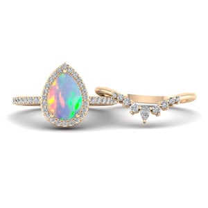 14k Beautiful Opal Engagement Ring Set Pear Opal Ring Silver Opal Wedding Ring Opal Bridal Set Rose Gold Art Deco Unique Opal Promise Ring