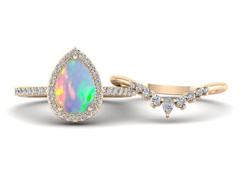 14k Rose Gold Pear Opal Engagement Ring Set: Art Deco Silver Wedding Bridal Set
