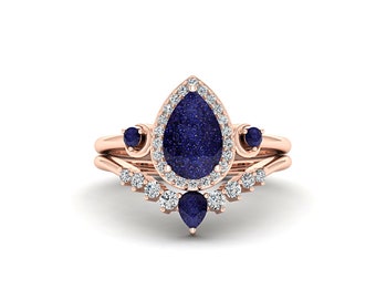 Pear Shaped Blue Sandstone Engagement Ring Set 14k Rose Gold Vintage Unique Engagement Ring Curved Moissanite Wedding Ring Set For Women