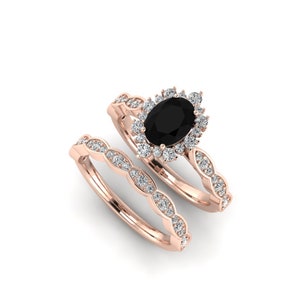 Halo Black Stone Engagement Ring Set Black Onyx Engagement Ring Rose ...