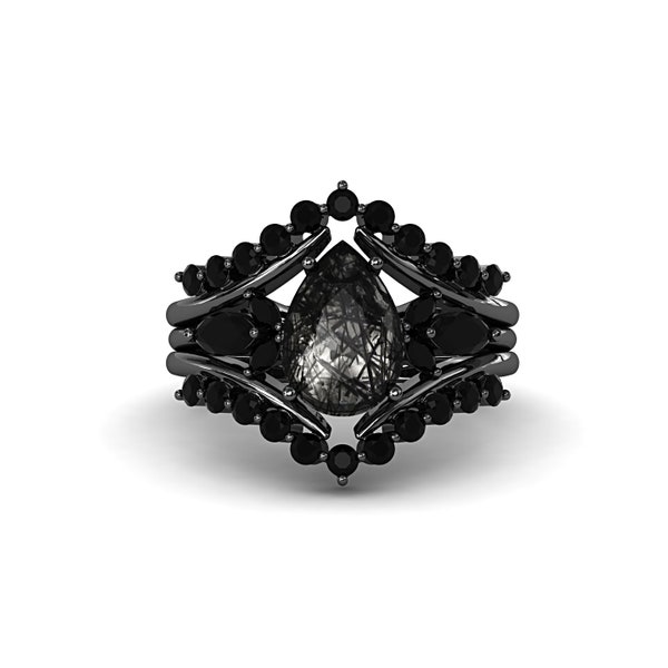 Gothic Black Engagement Ring Set For Women Rutilated Quartz Wedding Ring Set Pear Black Diamond Ring Black Rhodium Ring for Anniversary Gift