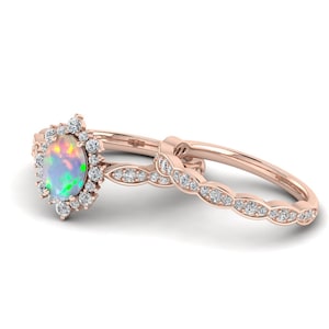 Halo Opal Ring Set Opal Engagement Ring Rose Gold Opal Wedding Ring Women Art Deco Opal Engagement Ring Vintage wedding Opal Promise Ring