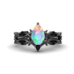 Twisted Twig Black Opal Engagement Ring Set For Women Black Wedding Ring Unique Art Deco Black Bridal Ring Set Pear Shaped Ring Gift For Her