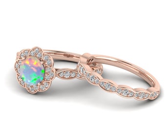 Unique 14k Flower Engagement Ring Set Opal Ring Rose Gold Opal Engagement Ring Set Opal Flower Ring White Fire Art Deco Wedding promise Ring