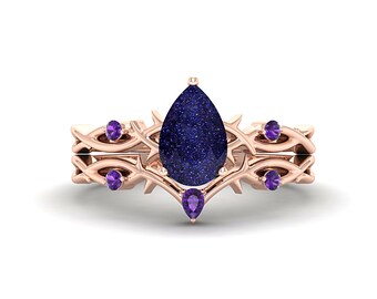 14k Rose Gold Blue Sandstone Bridal Ring Set: Amethyst Twig Vine Wedding Ring