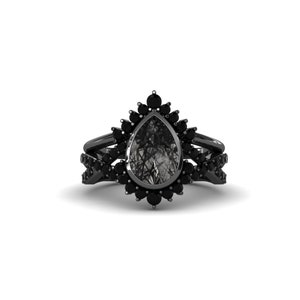 Unique Black Engagement Ring For Women Black Rutilated Quartz Engagement Ring Set Twisted Infinity Bridal Ring Set 14k Black Gold Ring Set
