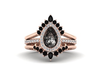 3pcs Black Rutilated Quartz Engagement Ring Set, 10k Rose Gold Double Curved Wedding Band