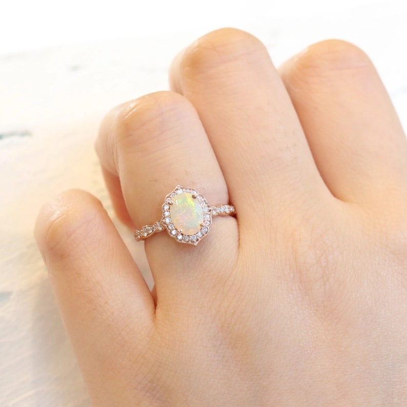 Floral Vintage Opal Engagement Ring Rose Gold Opal Engagement Ring Opal Bridal Ring Halo Simulated Diamond Opal Ring In 925 Sterling Silver