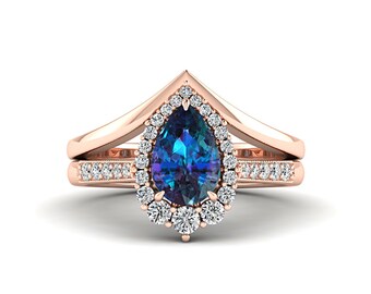 Halo Alexandrite Ring Set: Pear 14k Gold Wedding Anniversary Ring