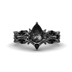 Nature Inspired Black Rutilated Quartz Engagement Ring Black engagement ring 14k Black Gold Ring Gothic Engagement Wedding Bridal Ring Set