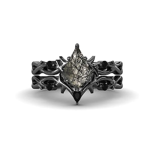 Nature Black Gold Kite Cut Engagement Ring Set Rutilated Quartz Black Promise Ring 10k Branch Black Wedding Ring Set Gothic Black Bridal Set