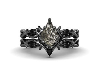 Kite Cut Rutilated Quartz Engagement Ring Set: Nature Inspired Gothic Black Bridal Jewelry