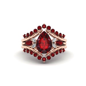 Pear Cut Red Garnet Ring Unique Garnet Engagement Ring Set 925 Sterling Silver Ring 3 piece Anniversary Wedding Ring Set Stacking Ring Set