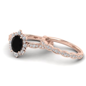 Halo Black Stone Engagement Ring Set Black Onyx Engagement Ring Rose Gold Black Onyx Ring Set Rose Gold Wedding Bridal Promise Ring For Her
