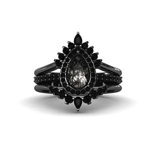 Vintage Pear Black Rutilated Quartz Engagement Ring Set