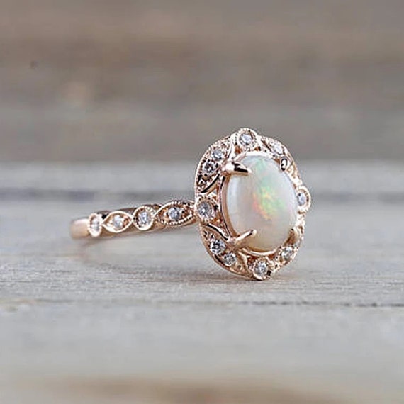 Rose Gold Vintage Opal Engagement Ring Opal Promise Ring Halo | Etsy