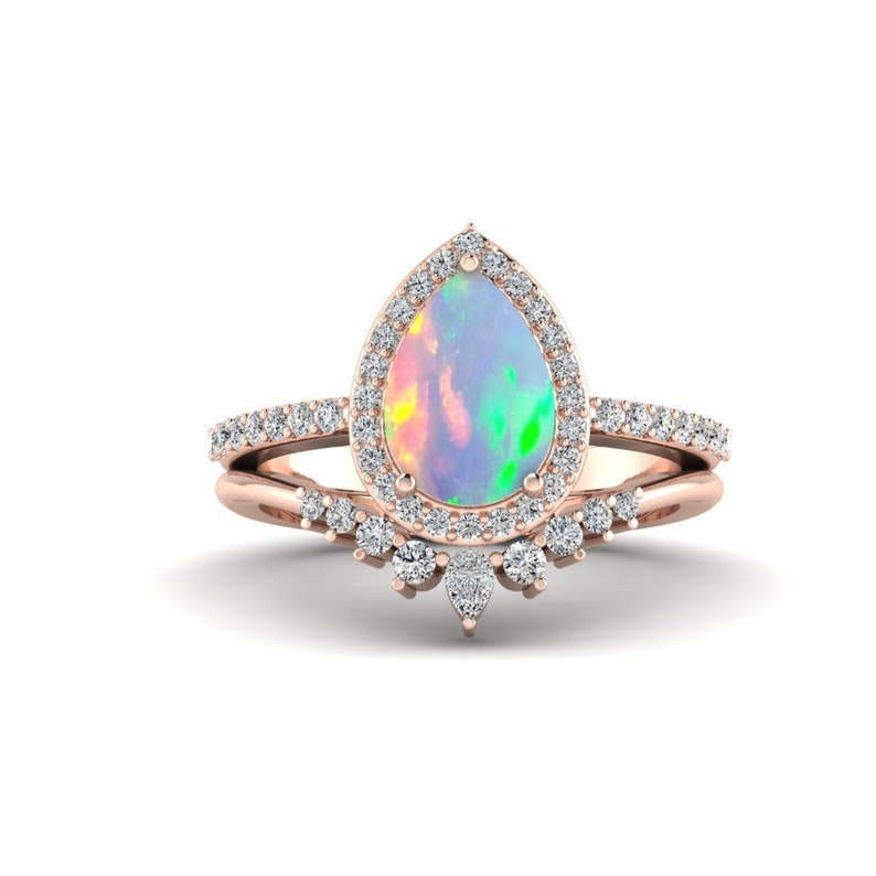 14k Beautiful Opal Engagement Ring Set Pear Opal Ring Silver Etsy