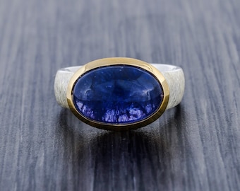 Handmade Oval Tanzanite Ring in Sterling Silver & Gold Vermeil - December Birthstone Jewelry
