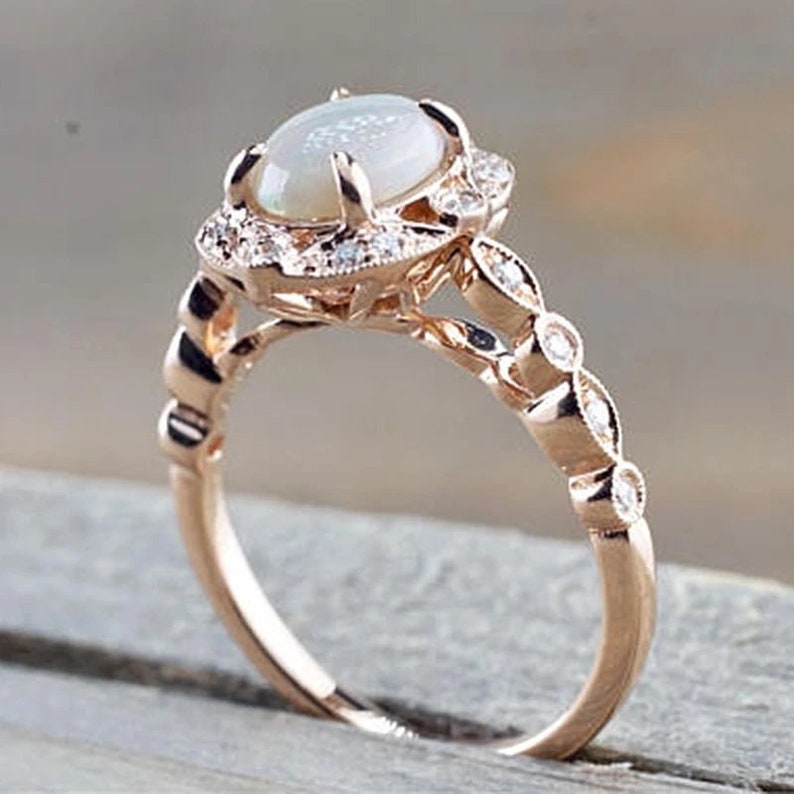 Rose Gold Vintage Opal Engagement Ring Opal Promise Ring Halo | Etsy