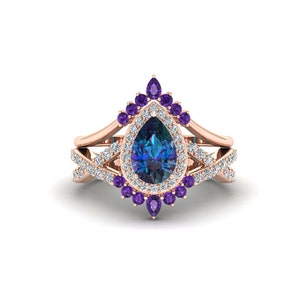 Anillo de alejandrita Art Déco conjunto anillo de oro rosa de 14k 1.25ct anillo de pera vintage conjunto banda de boda de amatista curvada regalos de aniversario personalizados