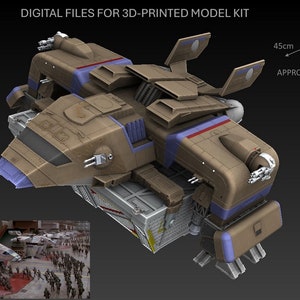 May include: A 3D printed model kit of a spaceship, approximately 1/48 scale. The model is brown and gray with blue and red accents. The model is 45 cm wide and 19 cm tall.