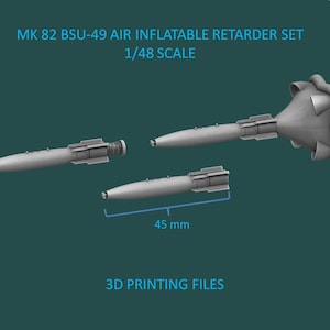 Könnte beinhalten: Ein 3D-gedrucktes Modell eines MK 82 BSU-49 Luftbremsensets im Maßstab 1/48. Das Set besteht aus drei Teilen: einem Hauptkörper, einem Heckteil und einer Nasenkappe. Das Modell ist 45 mm lang.