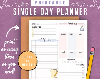 Printable Day Planner with Habit Tracker and Meals | Printable Daily Planner, Planner Insert, Planner Download, PDF Letter A4, Daily Log