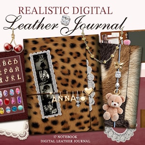 May include: A digital leather journal with a leopard print cover, a brown leather journal, and a journal with a fur cover. The image includes charms, a key, and the text "REALISTIC DIGITAL Leather Journal".