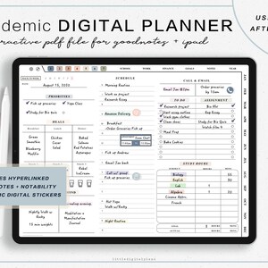 May include: A digital planner app on an iPad screen with a white stylus. The planner is designed for academic use and includes sections for schedules, priorities, meals, study hours, and notes. The app is open to August 15, 2020, and includes a list of tasks and assignments for the day. The app is designed for use with Goodnotes and Notability.