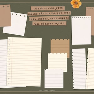May include: A collection of paper sheets with different styles and sizes. The paper sheets are brown, white, and cream with lined and unlined options. The paper sheets have square and circle cutouts. The text on the image reads "PAPER STYLES WITH SQUARE AND CIRCLE CUT OUTS FULL SHEETS, HALF SHEETS AND NOTEPAD PAPER!"