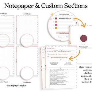 May include: A digital planner with four notepaper styles: lined, grid, dotted, and blank. The planner also features custom sections with labels for "Meeting Notes" and "Monthly Finances". You can create your own custom notebooks by duplicating pages and moving them to the custom dividers.