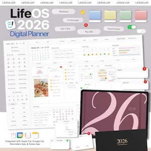 Può includere: Un'interfaccia di pianificatore digitale con il testo "LifeOS 2026 Digital Planner" viene visualizzata su un tablet e altri dispositivi. L'interfaccia include visualizzazioni del calendario, elenchi di attività e tracker delle abitudini. È visibile anche un pianificatore fisico con la scritta "2026".